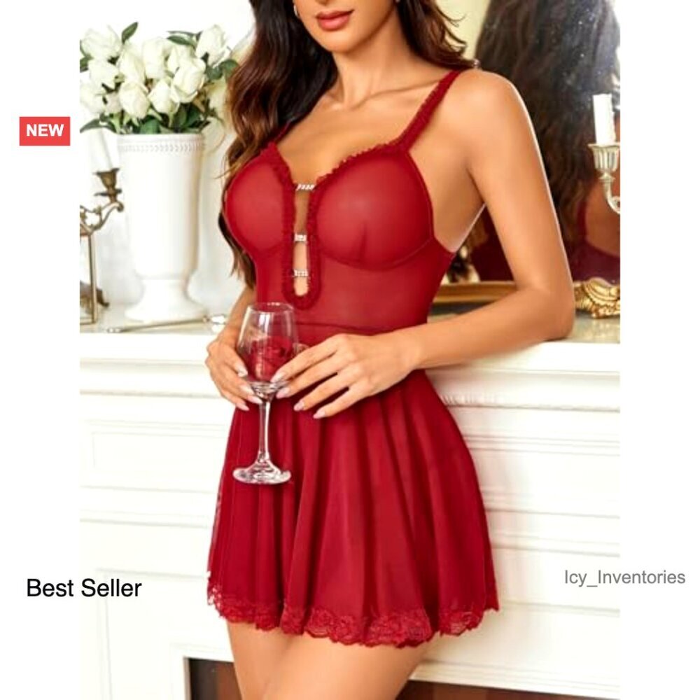 Lace Babydoll Chemise Deep V Neck Sleepwear Elegant Boudoir Nightwear - Picture 5 of 6